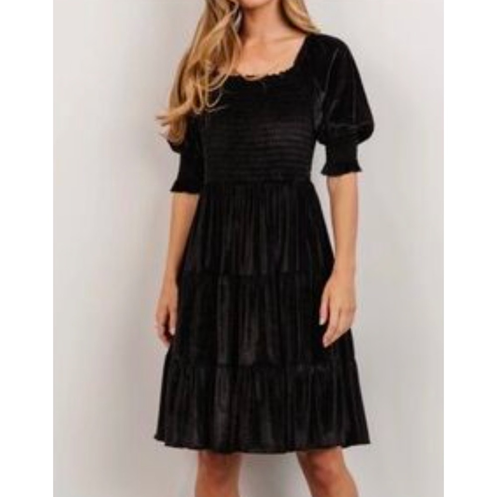 BalticBorn Dress Velvet Smocked Tiered Black S gothic romantic dark cottage core